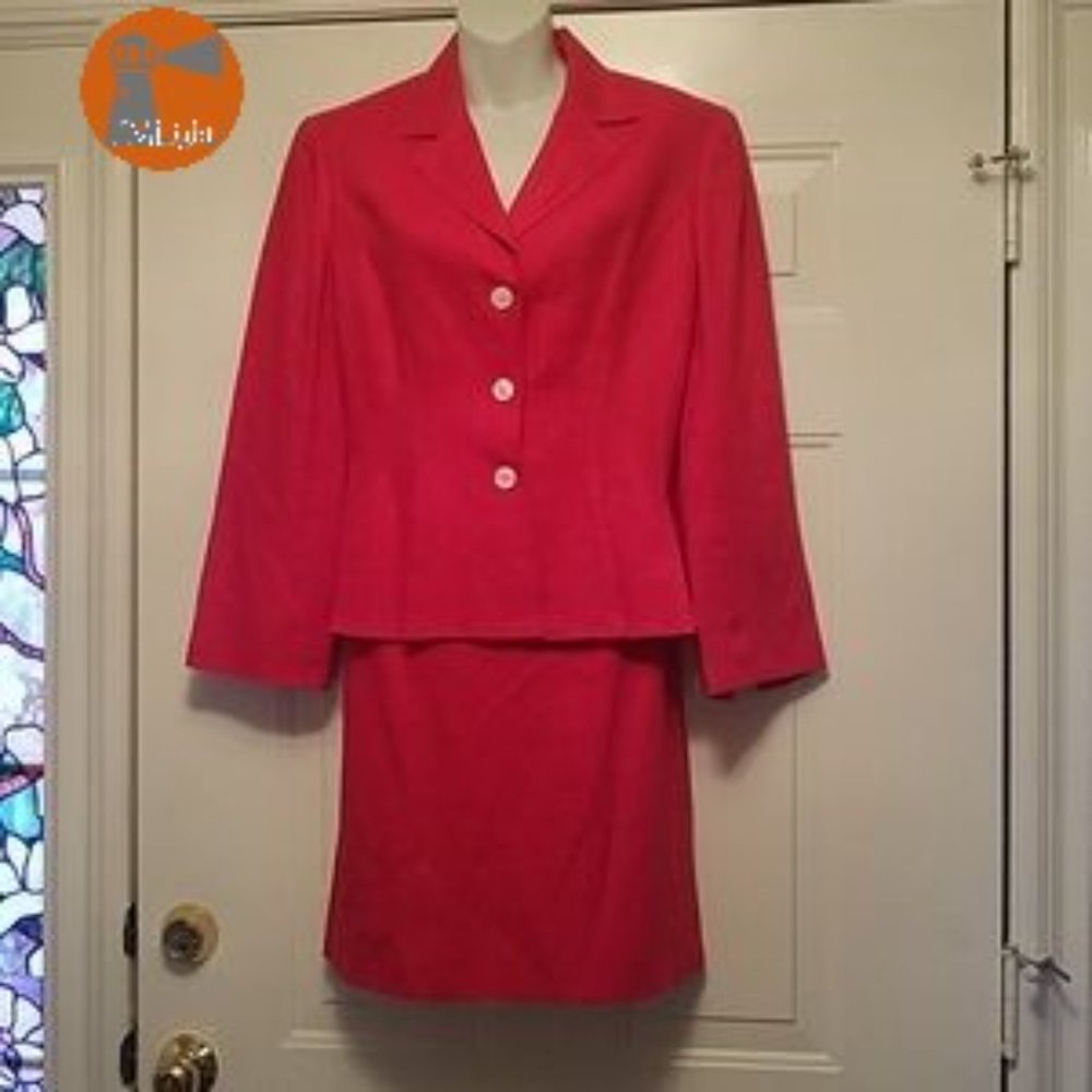 Anne Klein Suit Set Skirt Jacket 12P Red Linen